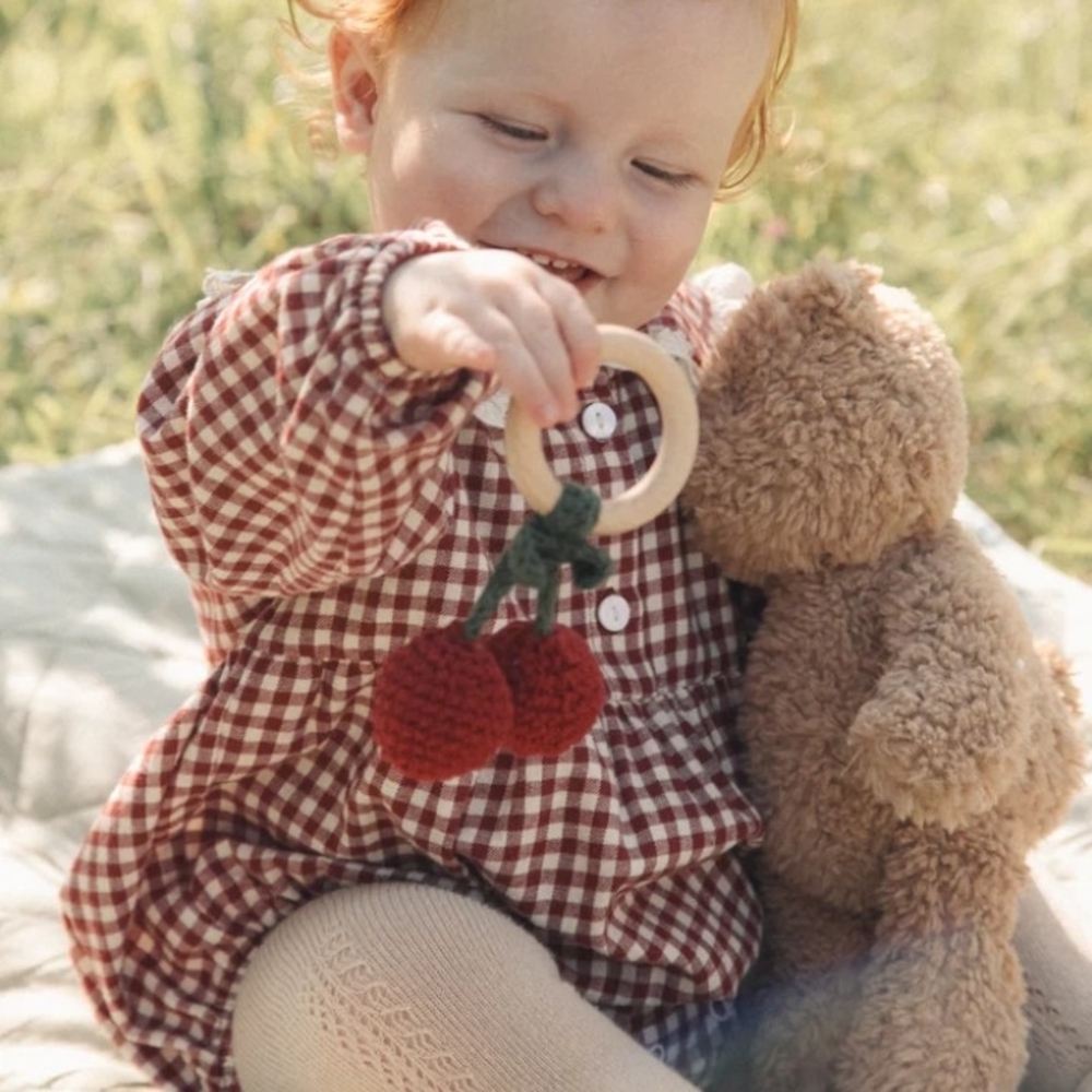 Crocheted Cherry Teether Toy with Wooden Ring